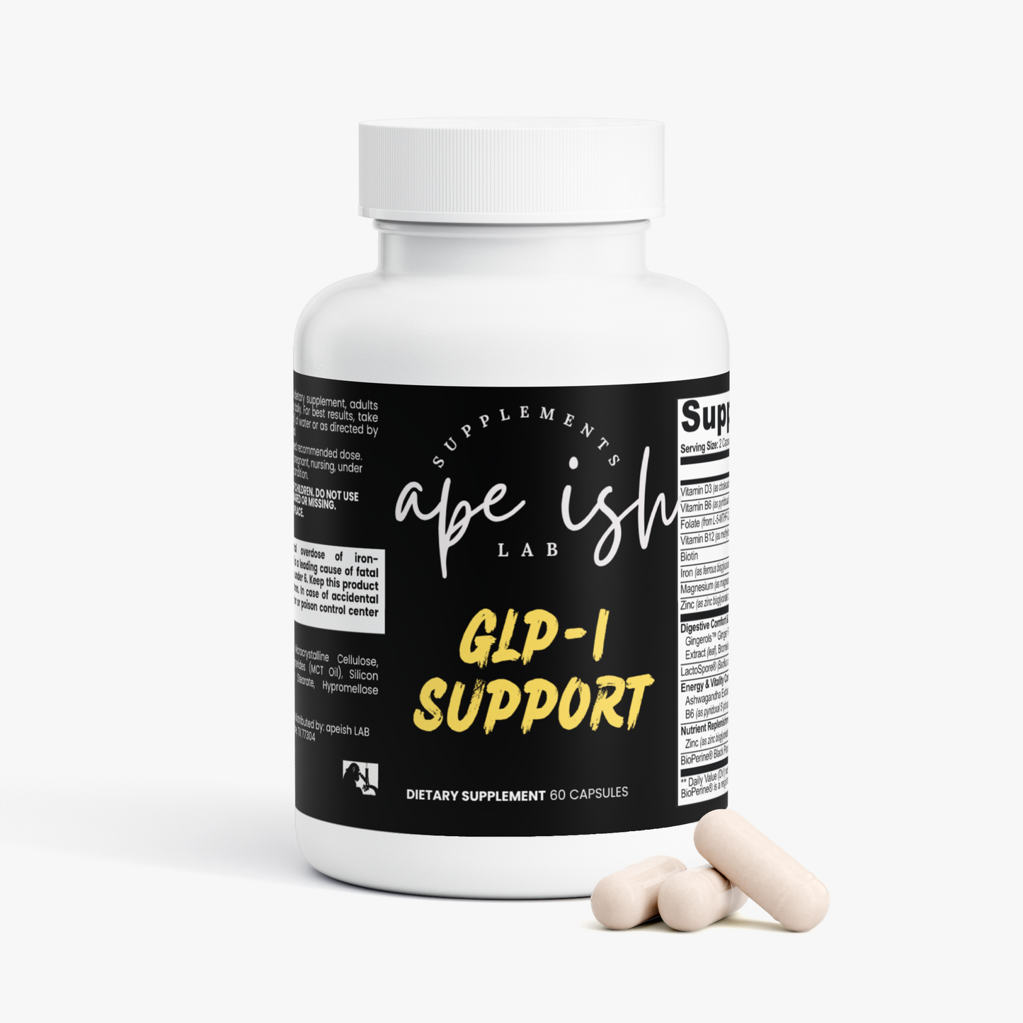 Apeish LAB GLP-1 Support – Digestive Health, Nutrient Absorption & Metabolism Support – Probiotics, Digestive Enzymes, Ginger & Magnesium – 60 Capsules