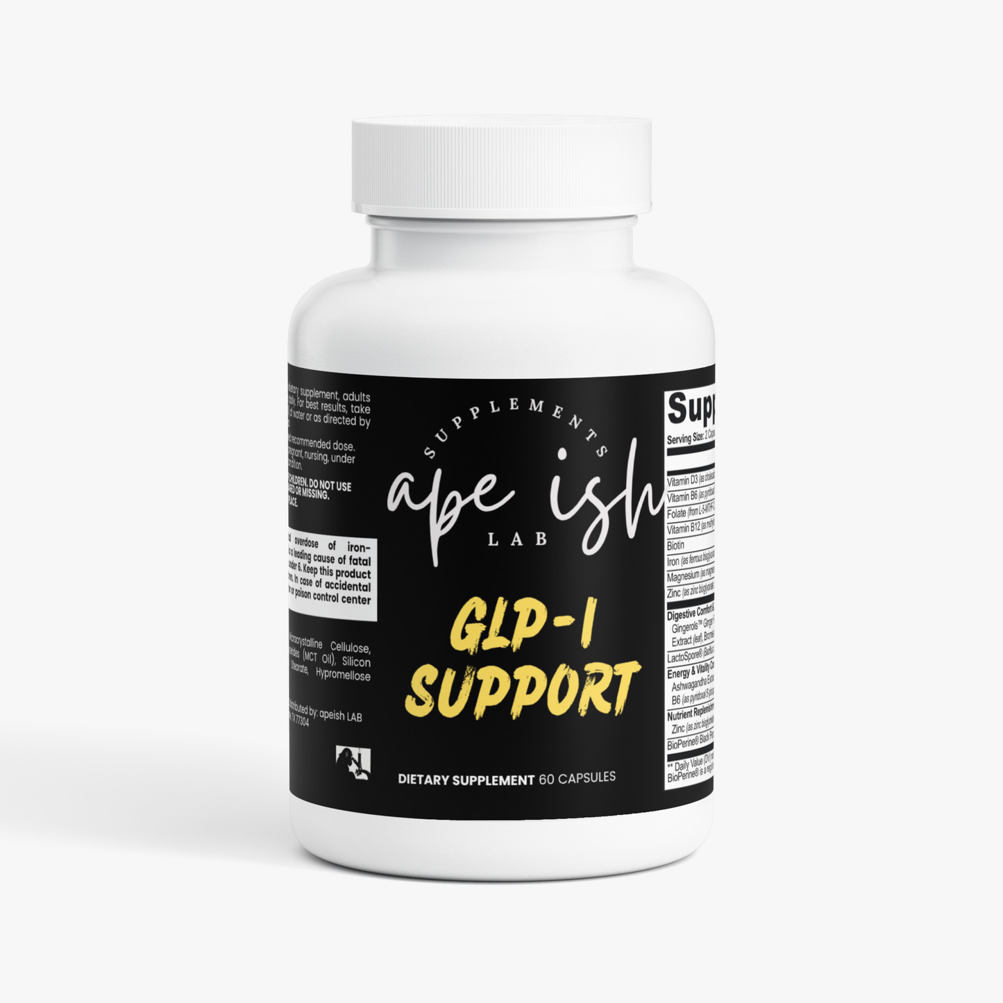 Apeish LAB GLP-1 Support – Digestive Health, Nutrient Absorption & Metabolism Support – Probiotics, Digestive Enzymes, Ginger & Magnesium – 60 Capsules