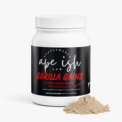 Apeish LAB Gorilla Gains Whey Protein Isolate – Premium Protein for Muscle Recovery & Strength – Vanilla Flavor – 1.61 lb