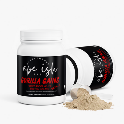 Apeish LAB Gorilla Gains Whey Protein Isolate – Premium Protein for Muscle Recovery & Strength – Vanilla Flavor – 1.61 lb