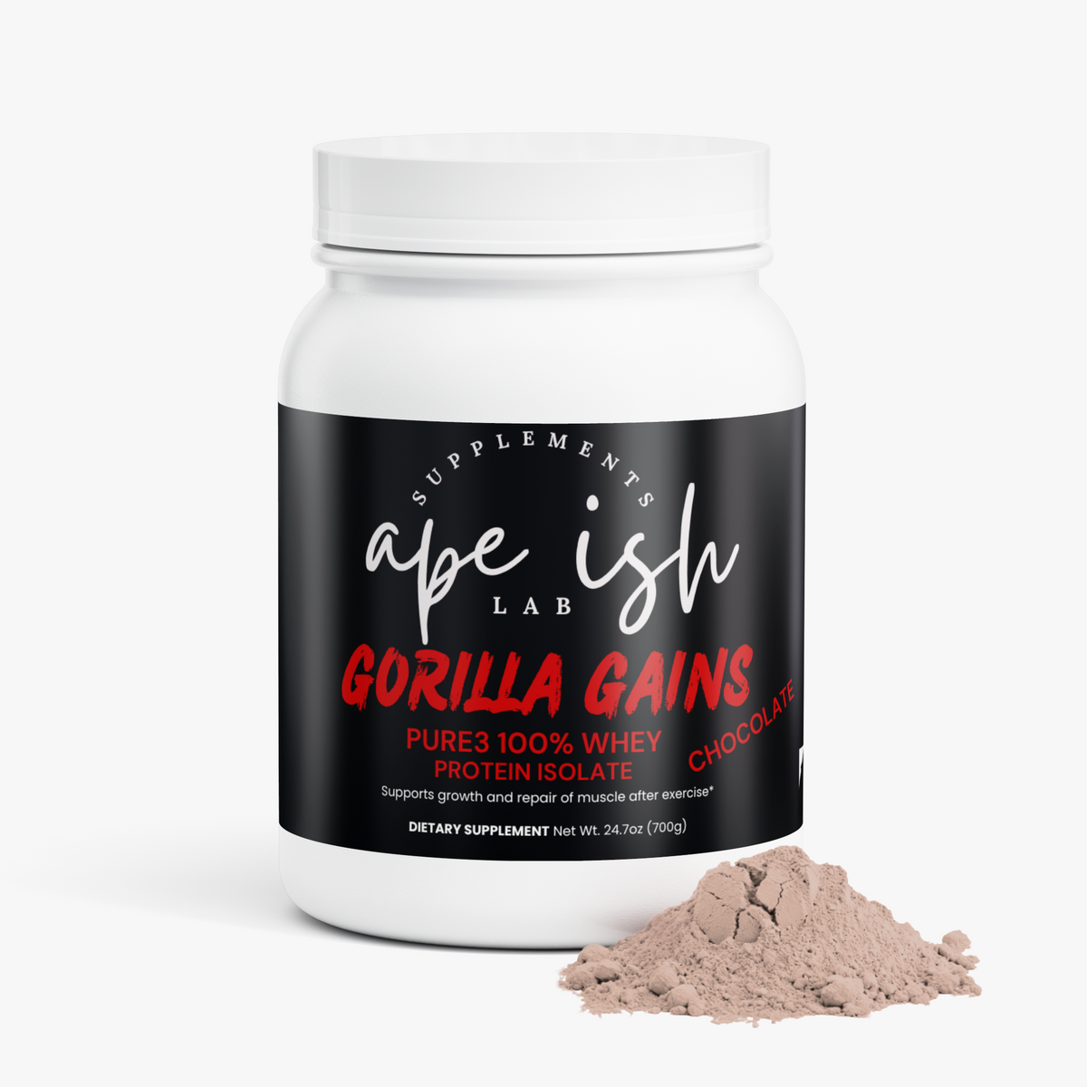 Apeish LAB Gorilla Gains Whey Protein Isolate – Premium Protein for Muscle Recovery & Strength – Chocolate Flavor – 1.61 lb