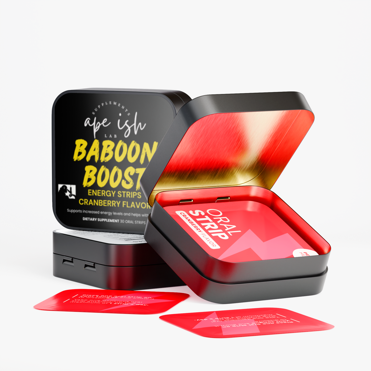 Apeish LAB Baboon Boost Energy Strips – Fast Dissolving Energy & Focus – L-Theanine + Green Tea Caffeine – Cranberry Flavor – 30 Strips