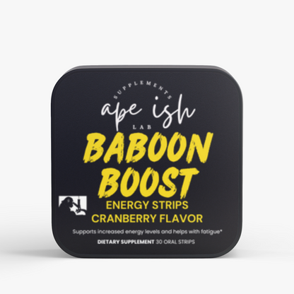 Apeish LAB Baboon Boost Energy Strips – Fast Dissolving Energy & Focus – L-Theanine + Green Tea Caffeine – Cranberry Flavor – 30 Strips